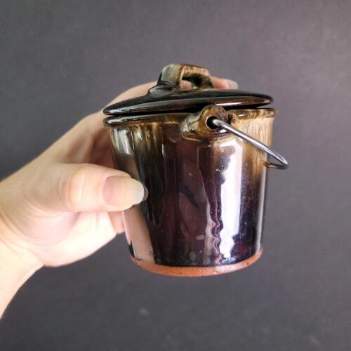 Miniature Glazed Stoneware Pot With Lid and Metal Handle