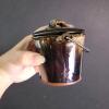 Miniature Glazed Stoneware Pot With Lid and Metal Handle
