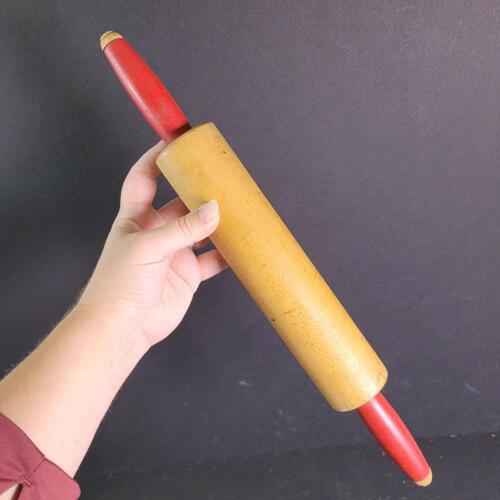 Vintage Wooden Rolling Pin With Red Handles
