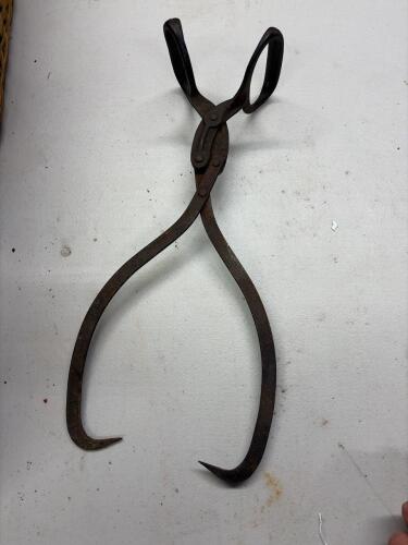 Antique Iron Ice Tongs with Rustic Patina