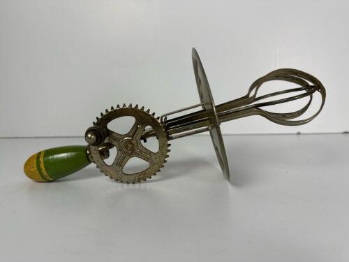 Vintage Handheld Egg Beater with Green and Yellow Painted Handle
