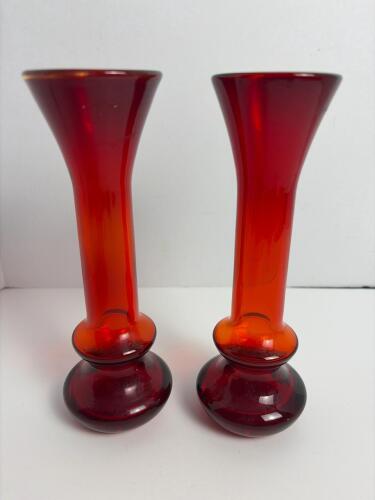 Two Blown Ruby Red Glass Vases with Gold Rim