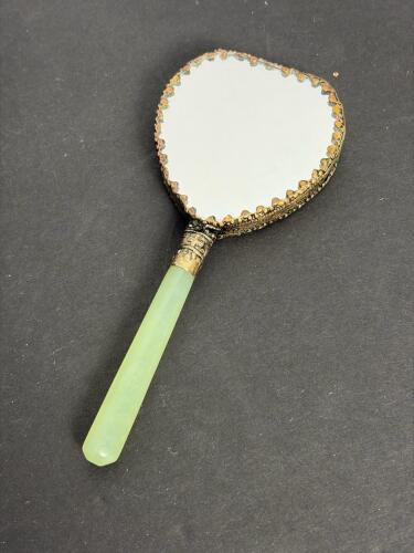 Very Small Chinese-Style Hand Mirror With Jade Handle and Painted Portrait