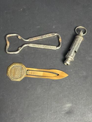 Vintage Bottle Opener, Brass World's Fair Bookmark, Acme City Whistle
