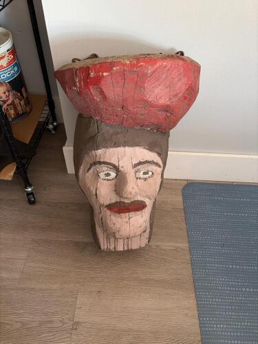 Folk Art Carved Wood Head with Red Hat and Chain Handle