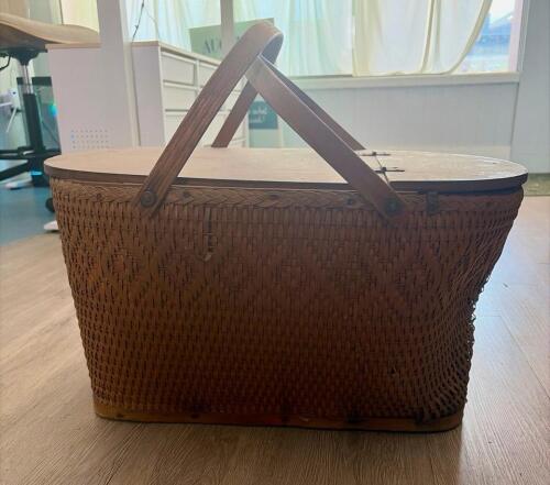 Vintage Woven Wood Picnic Basket with Hinged Wood Lid