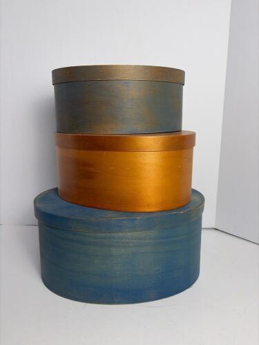 Shaker-Style Oval Wooden Pantry Boxes in Blue and Amber