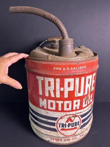 Large Tri-Pure Motor Oil Can With Spout by Sears Oil Co.