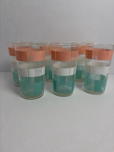 Mid-Century Modern-Style Glass Tumblers With Pink and Teal Bands