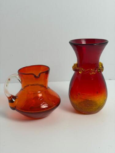 Hand-Blown Art Glass Vase and Pitcher, Crackle Amberina-Style
