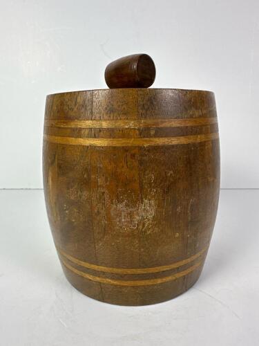Wooden Barrel-Form Lidded Container With Striped Inlay