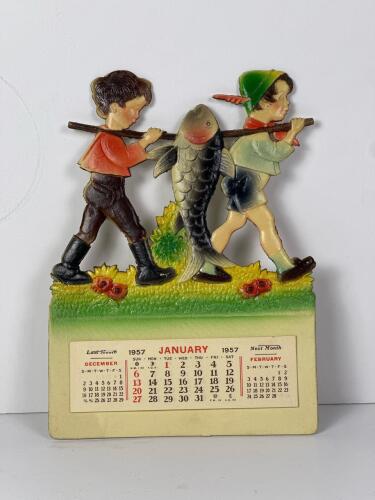 1957 Western Germany Embossed Boys With Fish Calendar