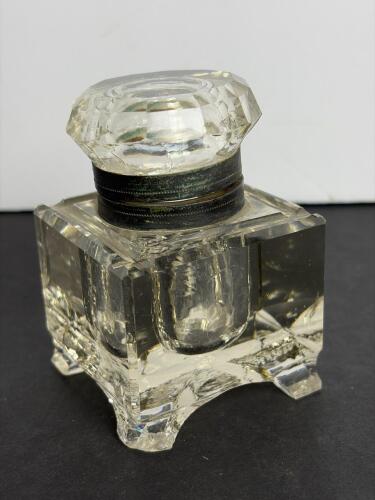 Faceted Crystal Inkwell with Beveled Edge and Metal Collar