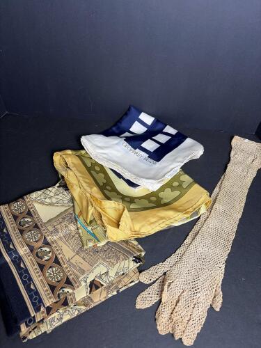 Vintage Crochet Gloves and Patterned Silk Scarves Assortment