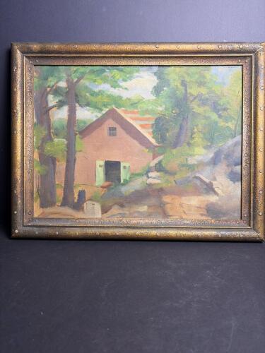 Landscape Painting in Ornate Gilt Frame, Impressionist-Style