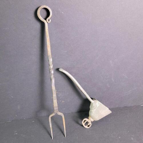 Antique Forged Iron Fork and Metal Oil Lamp Wick Trimmer