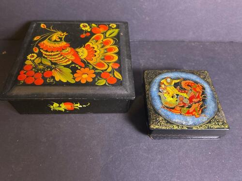 Two Hand-Painted Russian-Style Lacquer Boxes with Folk Motifs