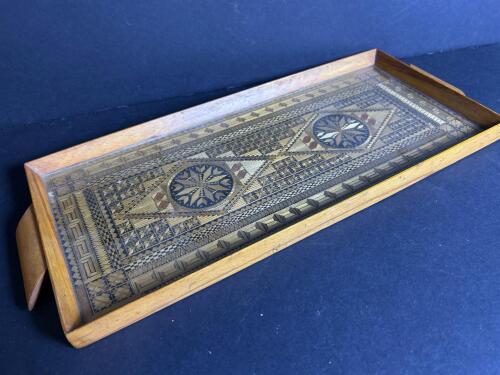 Rectangular Marquetry-Inlaid Wooden Tray With Handles