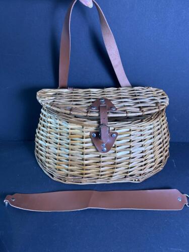 Woven Creel Basket with Leather Strap