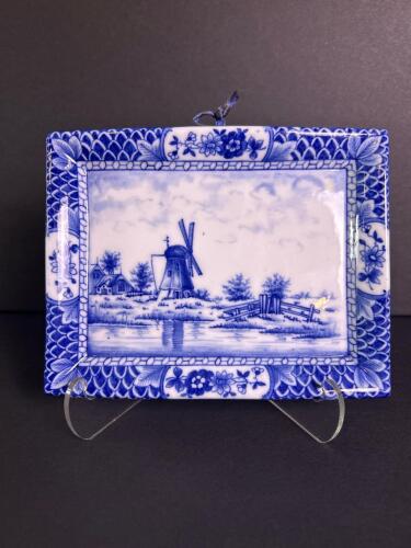 Small Blue and White Delft-Style Porcelain Plaque with Windmill Scene