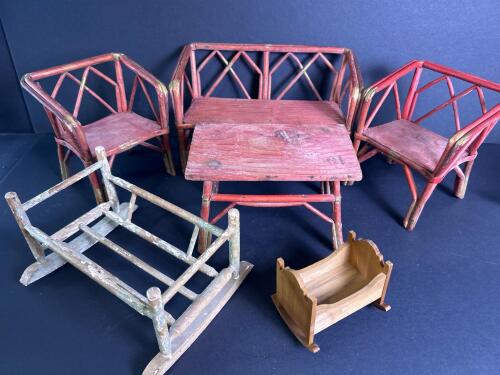 Vintage Dollhouse Twig Furniture Set With Cradle and Rocker