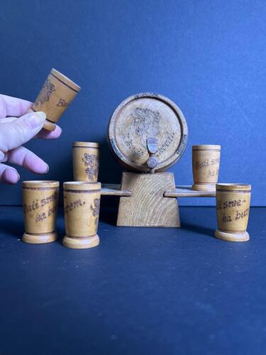 Small Carved Wooden Barrel with Six Small Cups, Folk Style