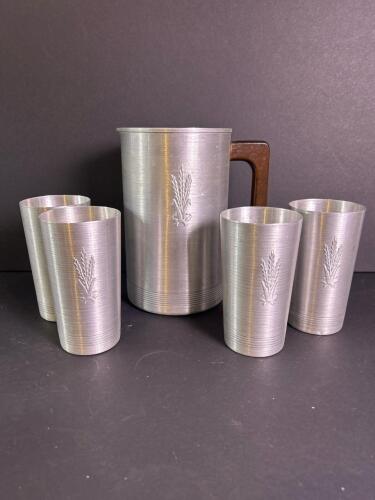 West Bend Aluminum Pitcher W/ Wood Handle & Tumblers Wheat Motif