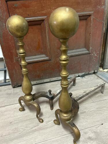Pair of Brass Ball-Top Andirons in the Colonial Style