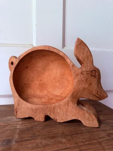 Hand-Carved Wooden Rabbit Bowl Folk Art Style