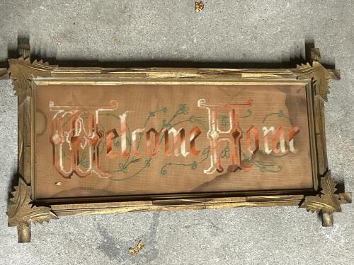 Vintage Framed Needlepoint Welcome Home Sampler in Eastlake-Style Frame 26"x13"