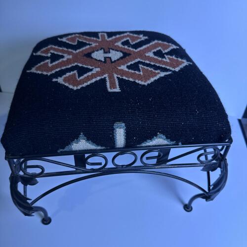 Small Wrought Iron Footstool with Southwest-Style Woven Upholstery
