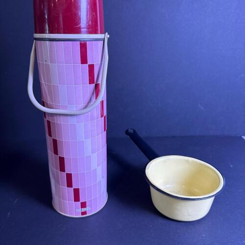 Vintage Thermos Bottle and Enamel Saucepan