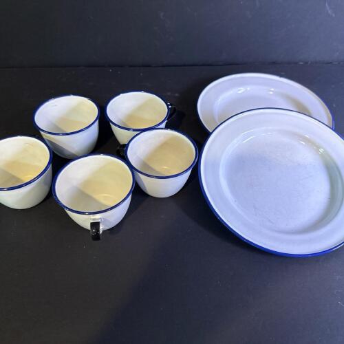 Enamelware Cups and Plates With Blue Trim Sweden