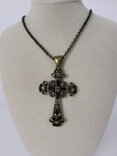 Cross Pendant Necklace With Black Stone Accents, Antique-Style