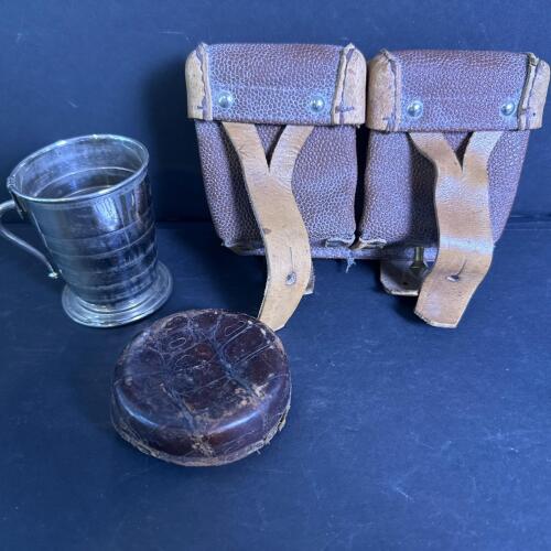Vintage Military Leather Ammo Pouch and Collapsible Metal Cup