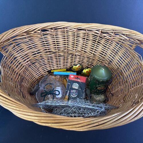 Assorted Household Items in Large Wicker Basket