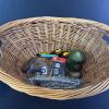 Assorted Household Items in Large Wicker Basket