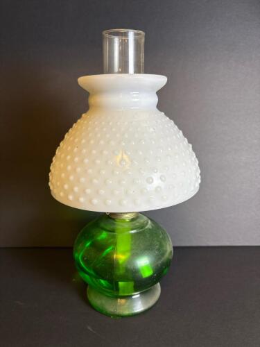 Hobnail-Style Glass Oil Lamp With Green Base