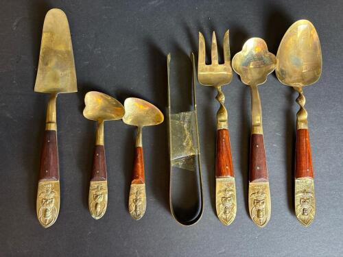 Thai Brass and Wood Flatware Set with Figural Handles