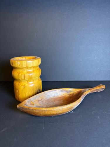 Wooden Scoop and Turned Wooden Vessel