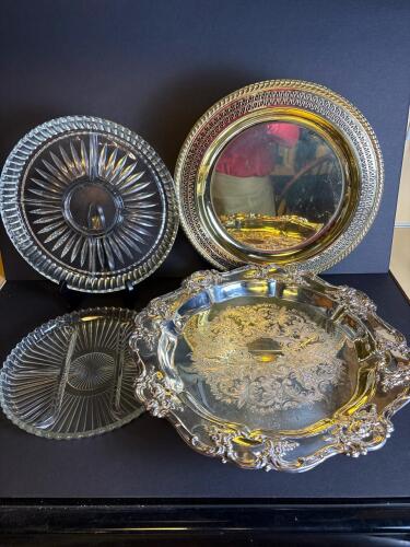 Assorted Glass Relish Trays and International Brass Serving Trays
