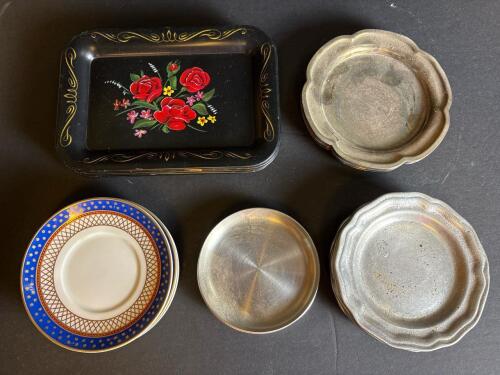 Assorted Decorative Miniature Plates and Painted Metal Trays