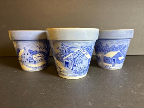 Currier & Ives-Style Blue and White Ceramic Flower Pots
