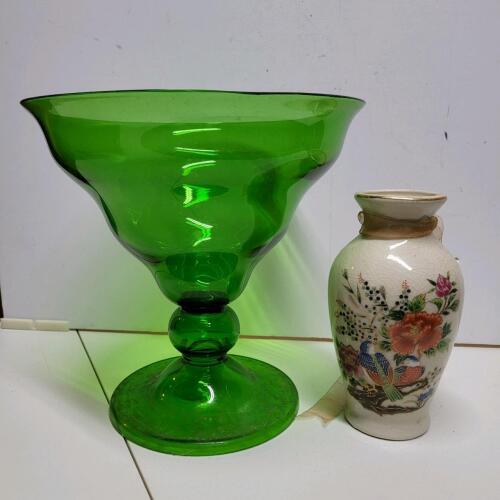 Green Art Glass Compote and Enesco Japan Decorative Vase