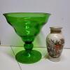 Green Art Glass Compote and Enesco Japan Decorative Vase
