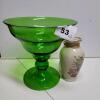 Green Art Glass Compote and Enesco Japan Decorative Vase - 6