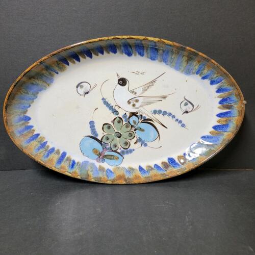 Hand-Painted Ceramic Platter with Bird and Floral Motif