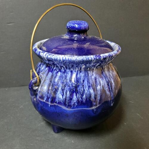 Blue Drip Glaze Tripod Pottery Cauldron with Lid and Brass Handle