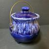 Blue Drip Glaze Tripod Pottery Cauldron with Lid and Brass Handle