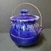 Blue Drip Glaze Tripod Pottery Cauldron with Lid and Brass Handle - 2